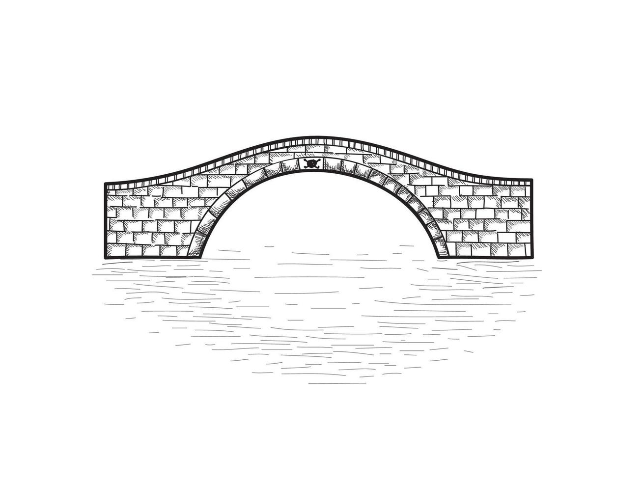 Small stone bridge isolated. Engraving retro illustration. Doodle line art vector