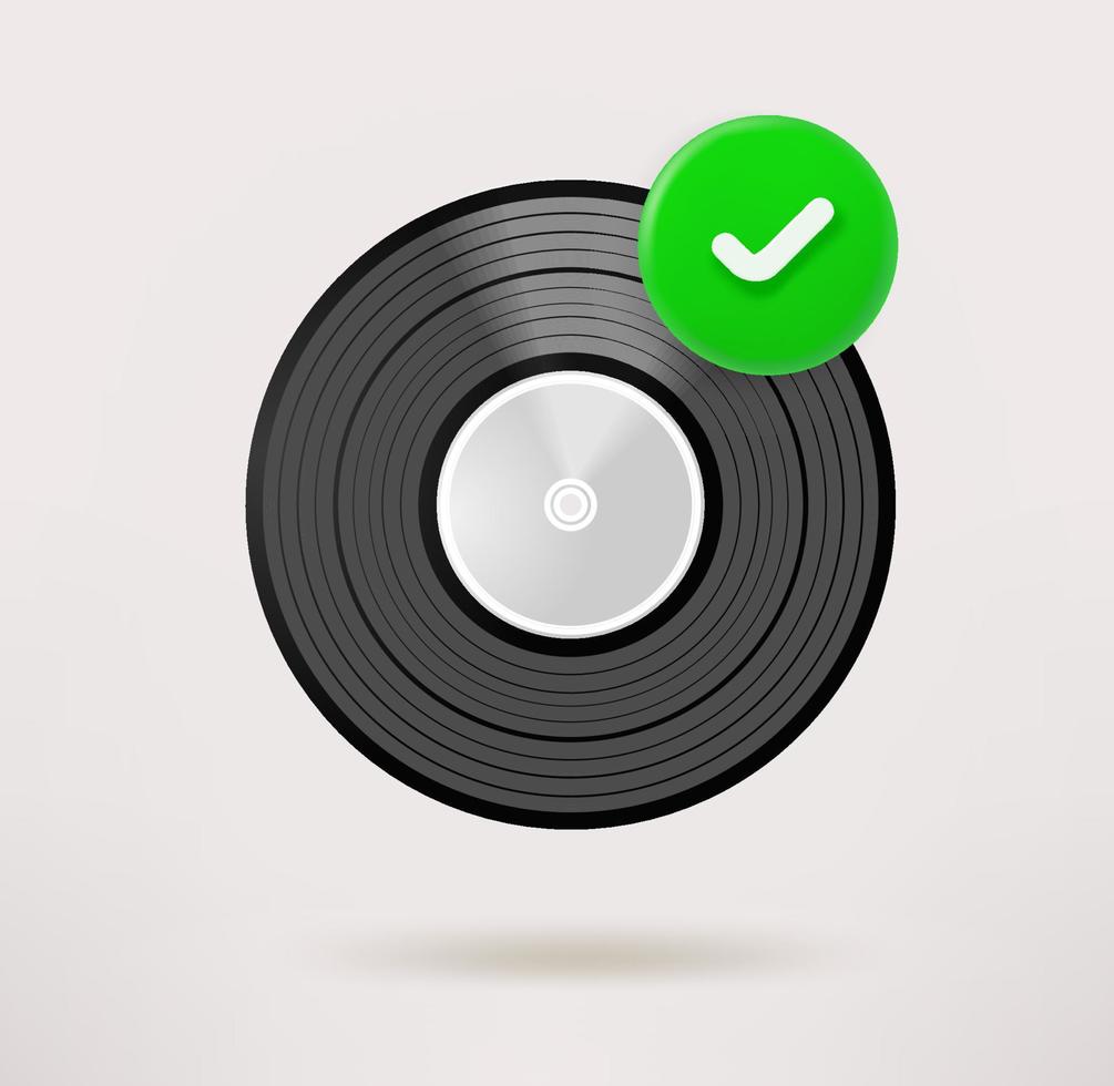 icono de disco de vinilo musical con marca de verificación. icono de vector 3d