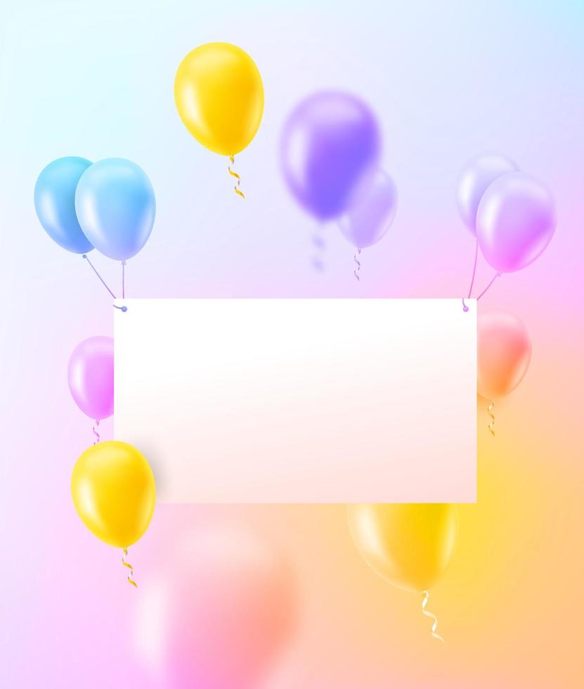 Blank white paper banner with air balloons. 3d vector banner with copy space. Happy birthday greeting card template