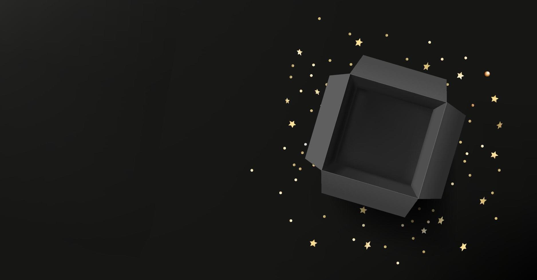 caja de regalo abierta con confeti dorado sobre fondo negro. banner 3d con espacio de copia vector