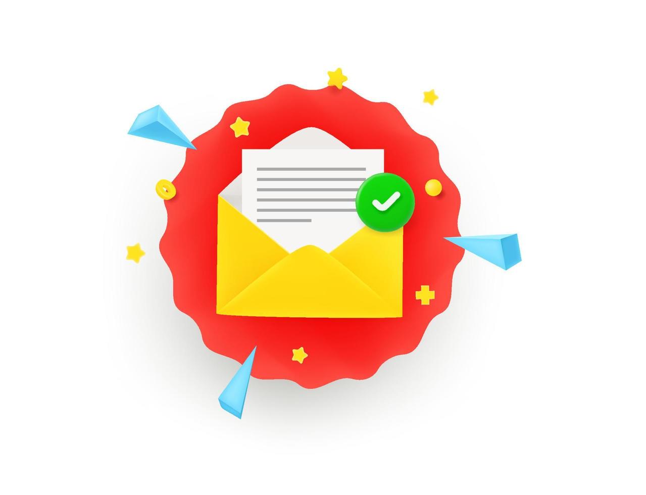 Mail with checkmark. Vector insignia isolated on white background. 3d vector illustration