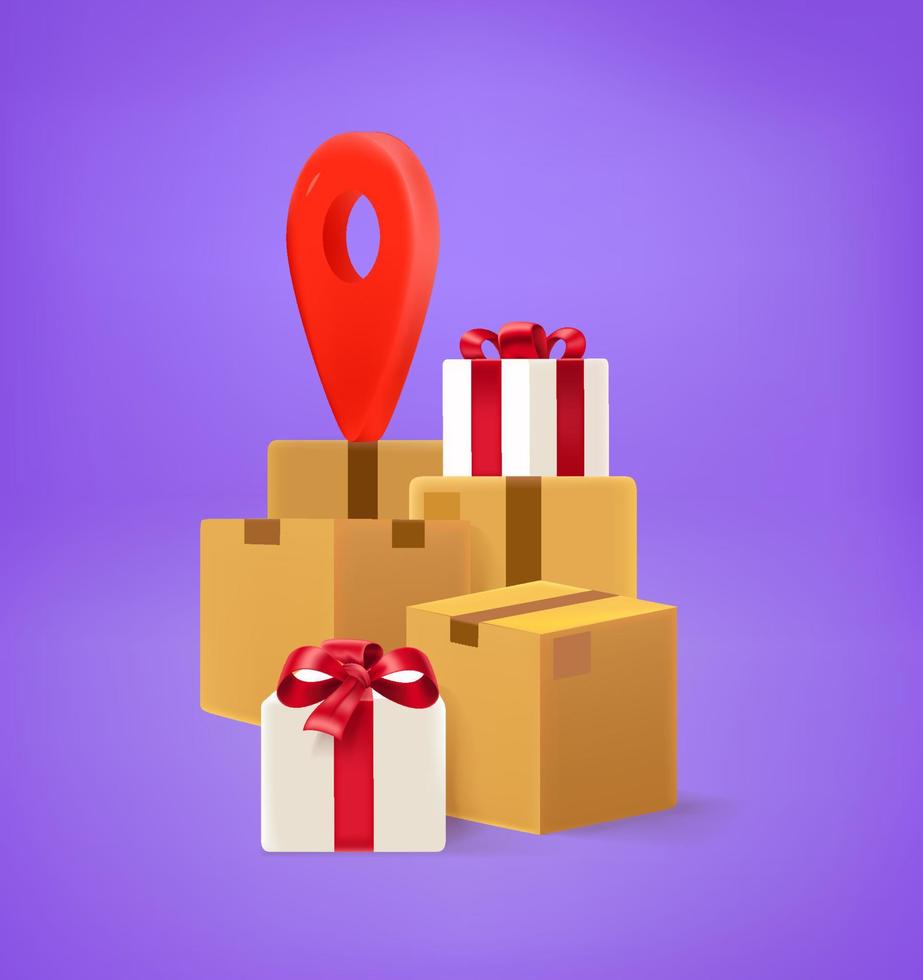 Postage boxes with map pin. Shipping concept. 3d vector illustration