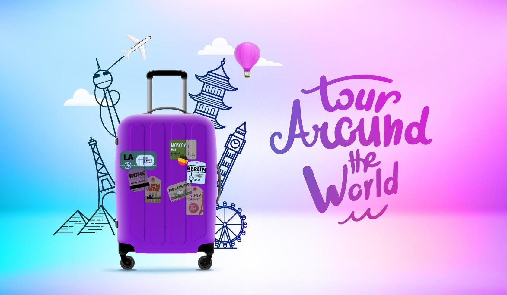 Baggage with world sights silhouettes. 3d vector illustration with ...