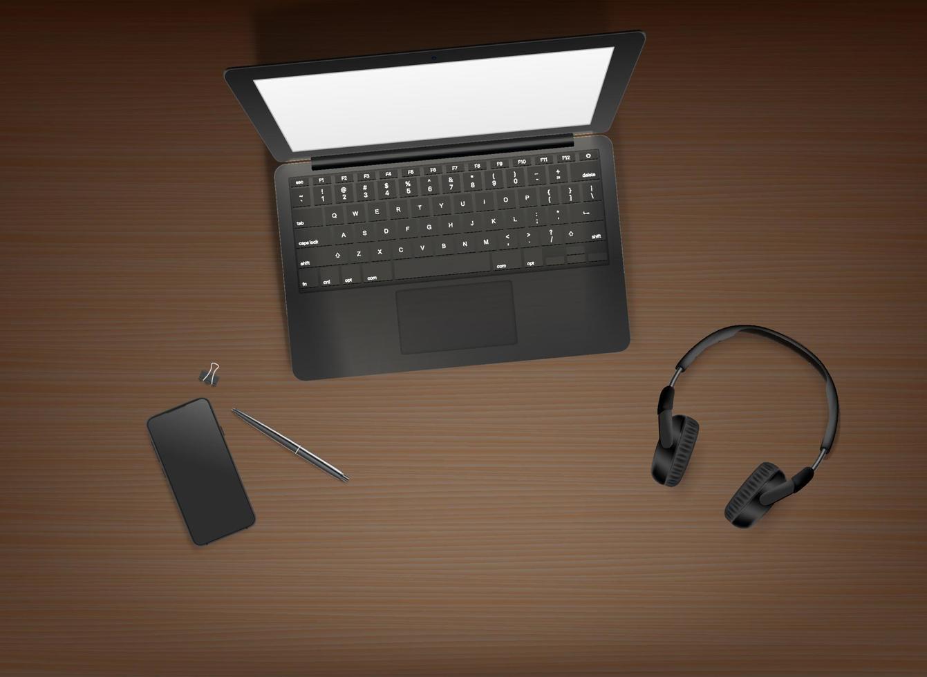 Wood table with modern laptop. Working place concept. Vector 3d illustration with depth of field effect