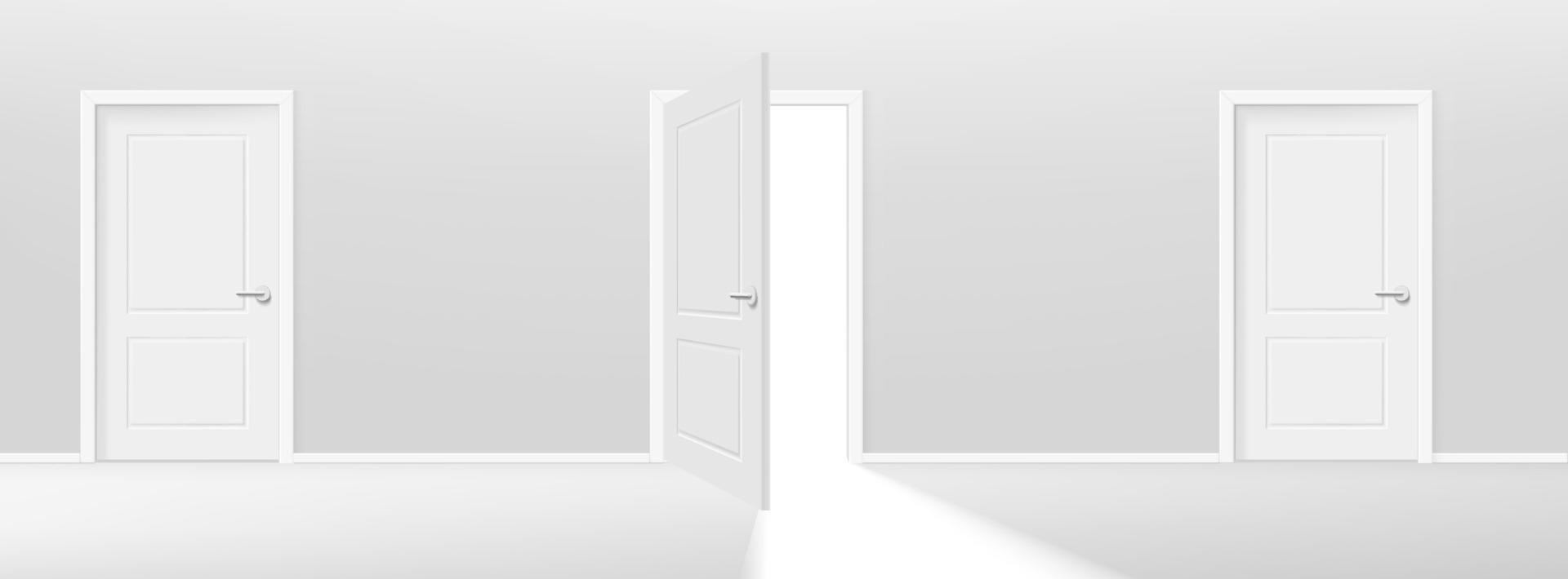 Three doors one of them is opening. Realistic 3d style vector illustration