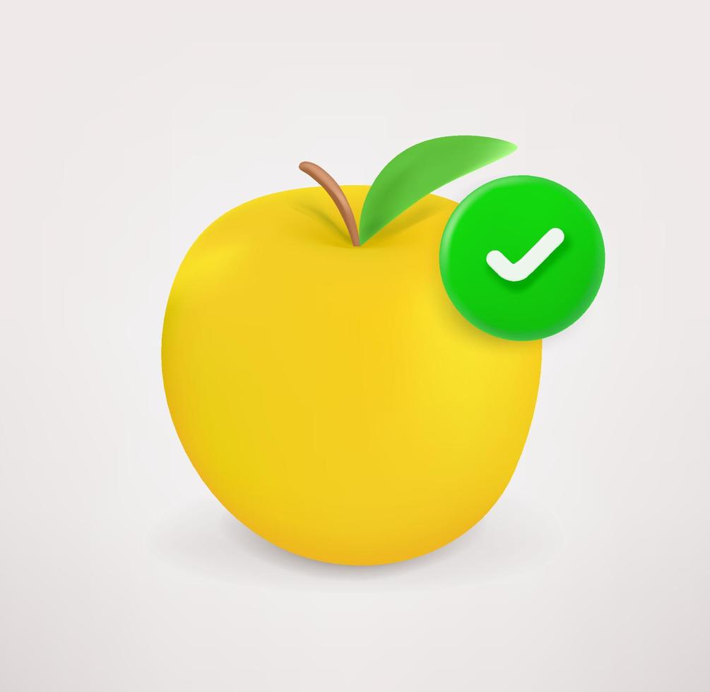 Fresh yellow apple icon with checkmark. 3d vector icon