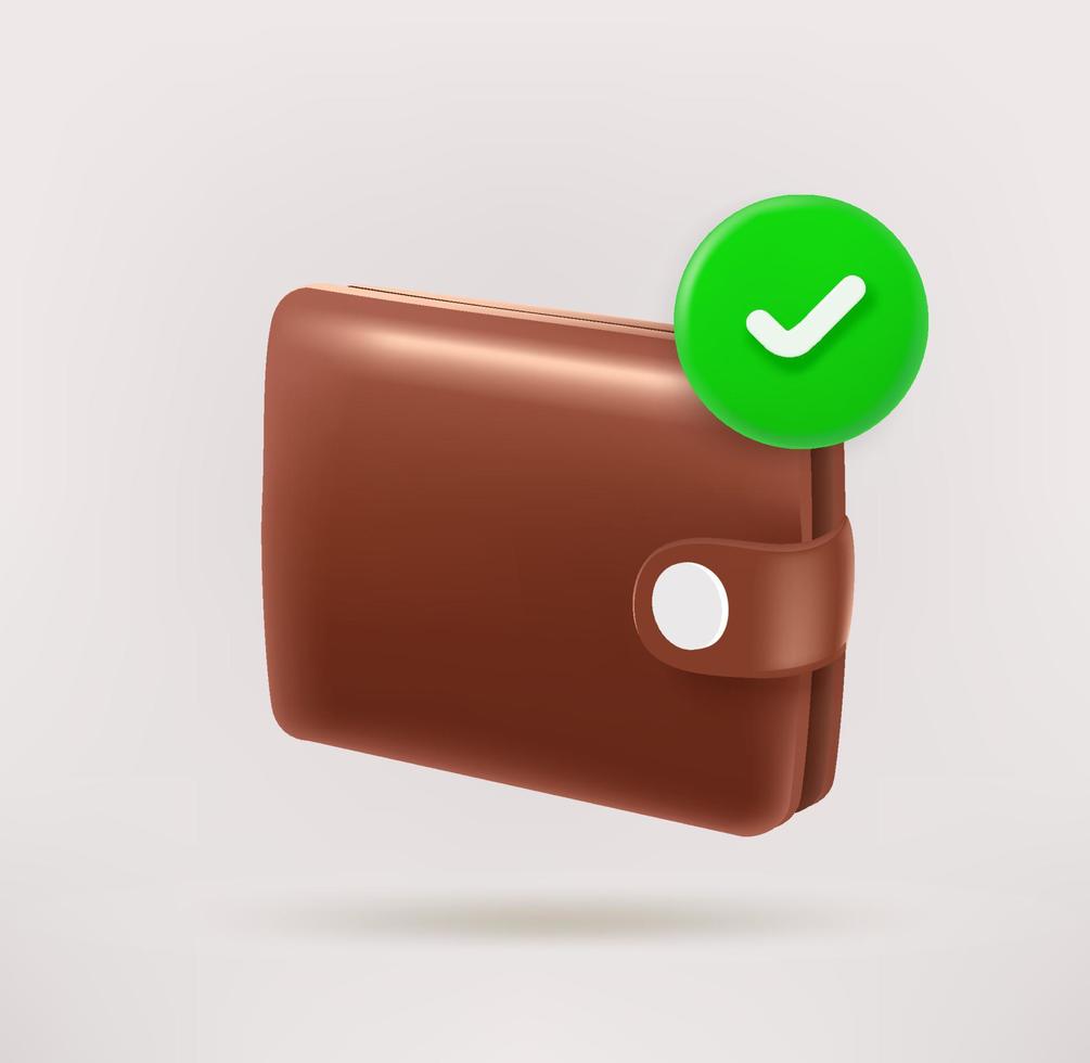 Leather wallet with checkmark. 3d vector icon