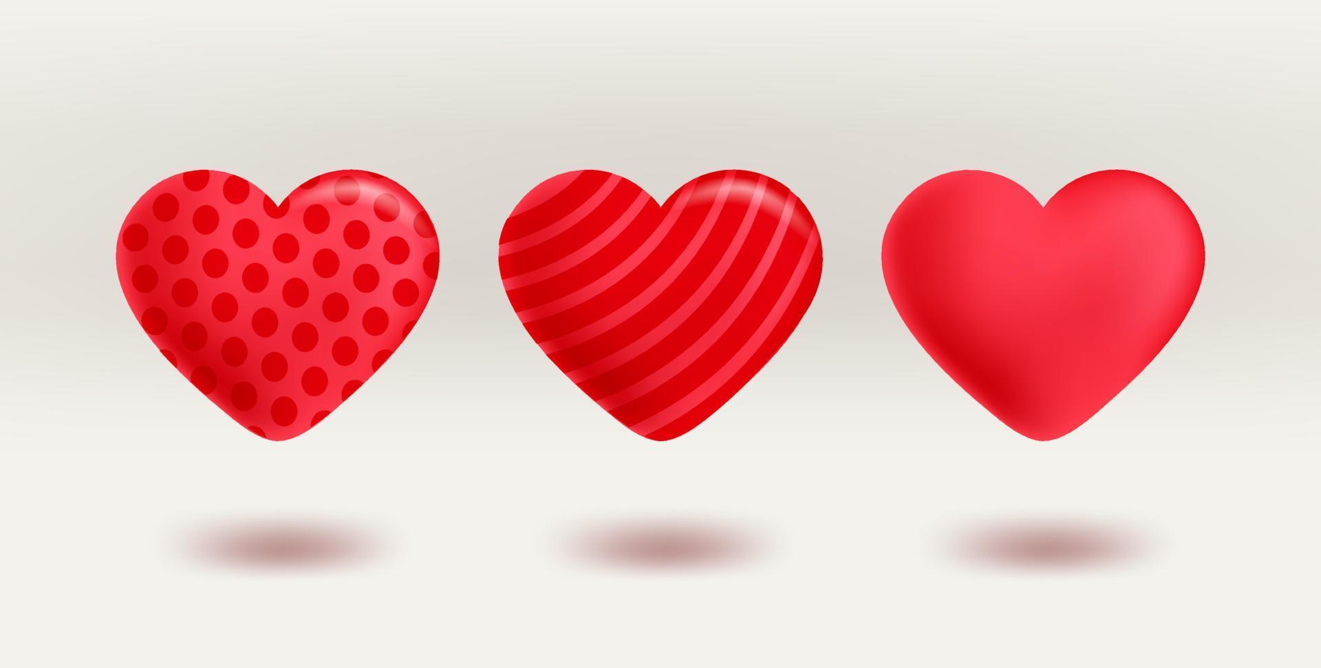 Red hearts with different patterns. 3d vector illustration