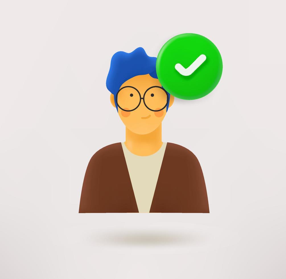 Clever young man icon with checkmark. 3d vector icon