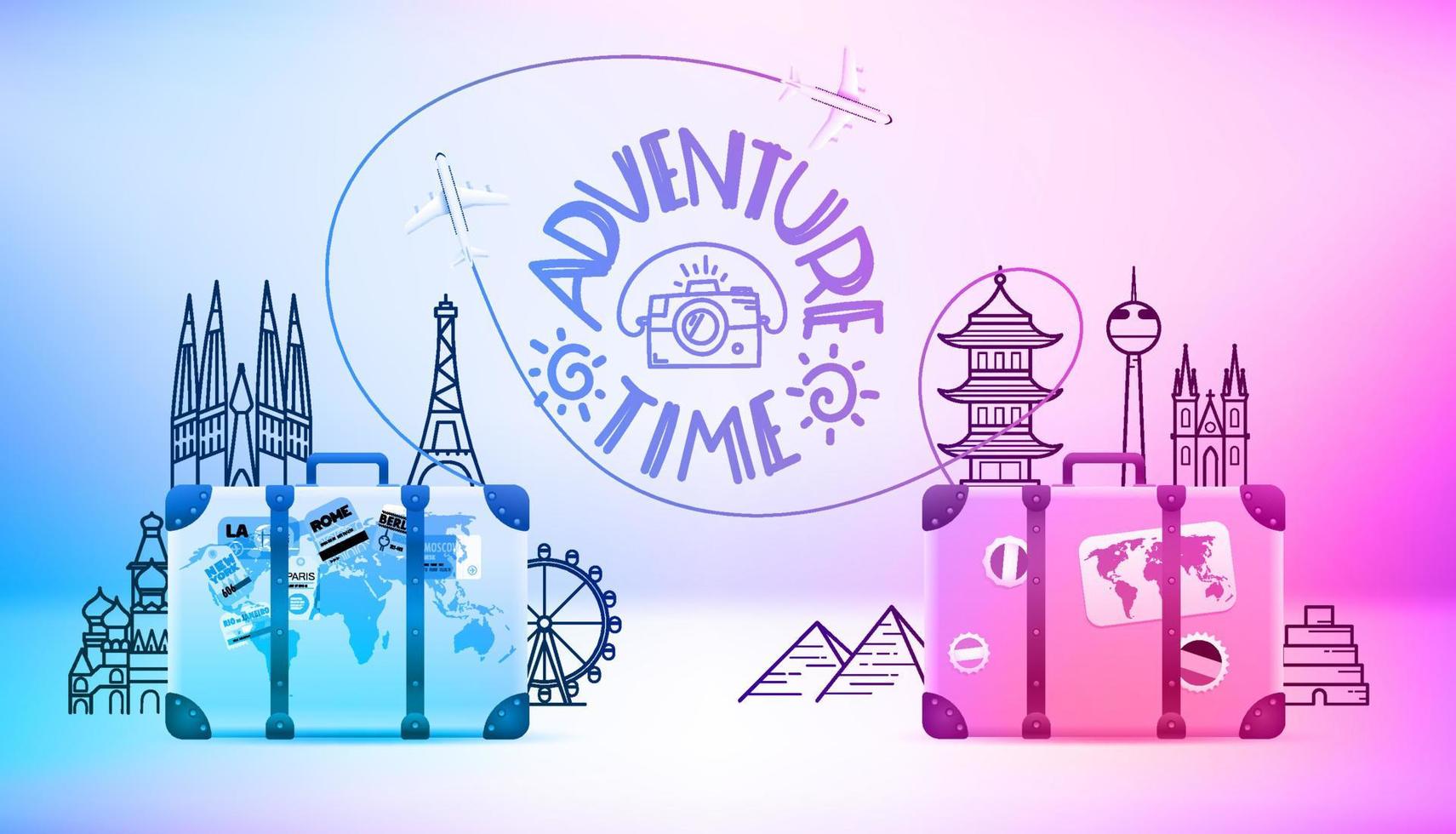 bolsos vintage con vistas al mundo. concepto de tiempo de aventura. ilustración vectorial 3d vector