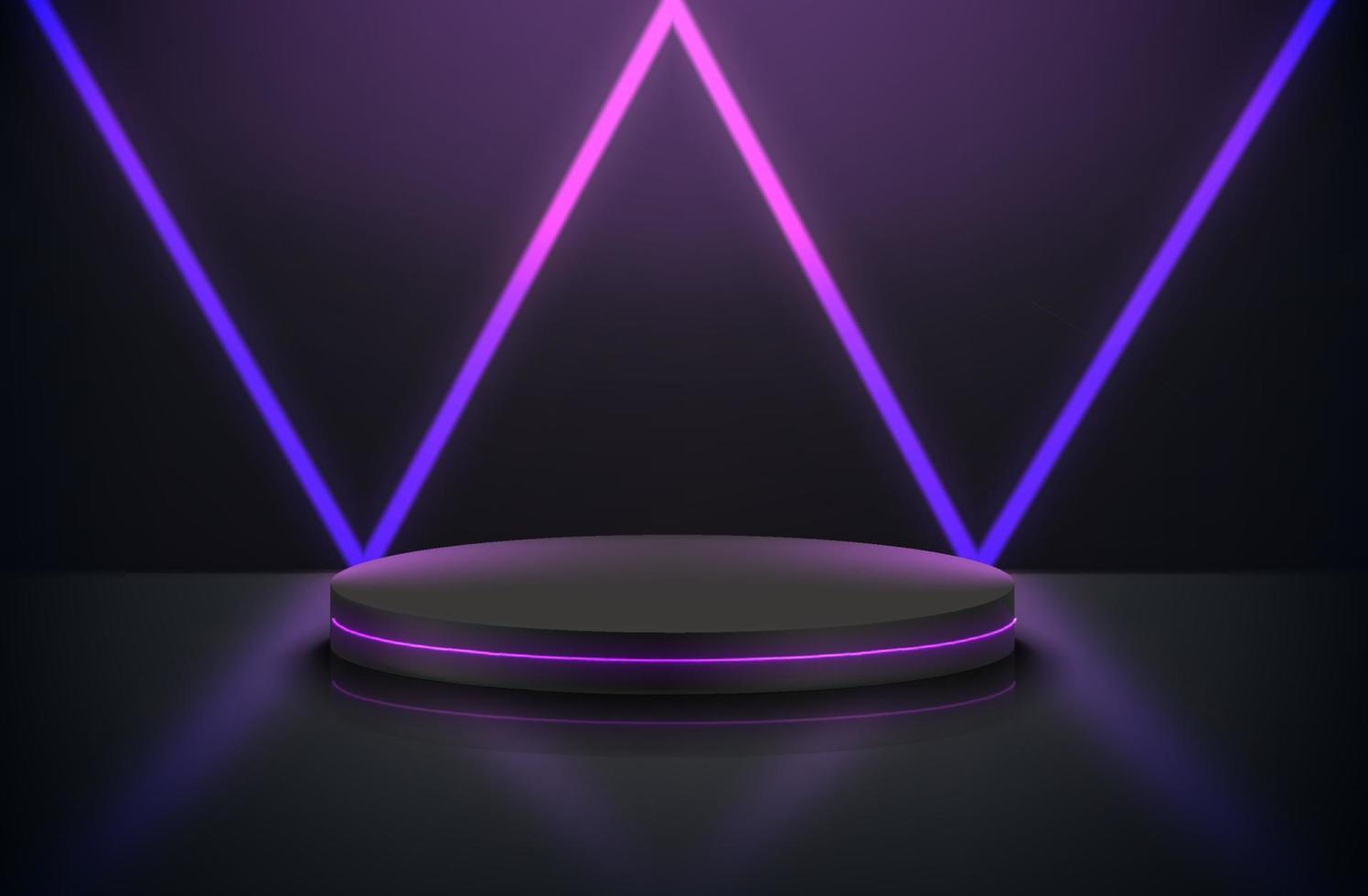 Deep black room with podium and neon lights. 3d vector premium showcase for display products