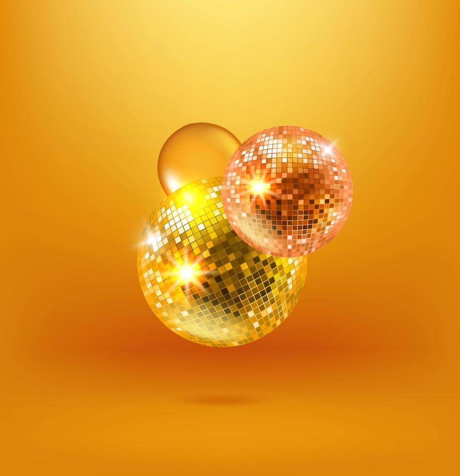 Glowing disco balls on gold background. Vector 3d bsnner with copy space