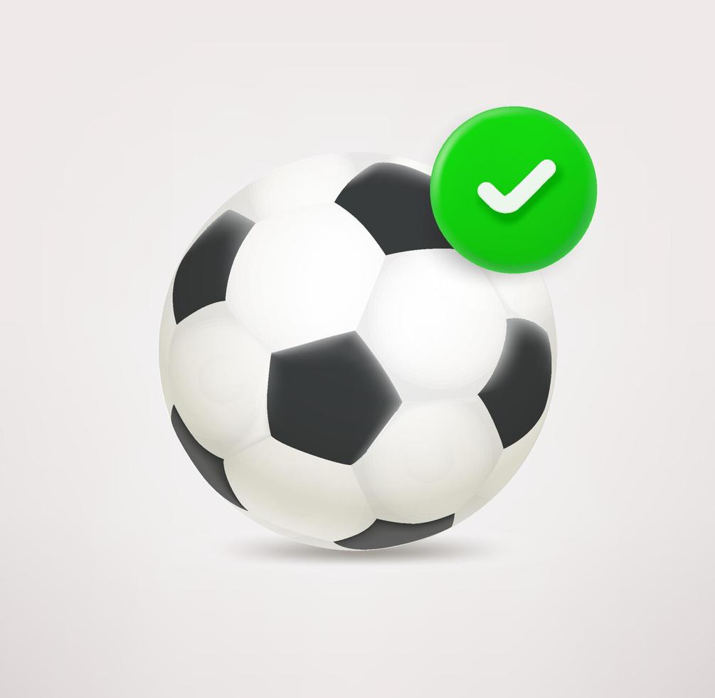 Soccer ball icon with checkmark. 3d vector icon