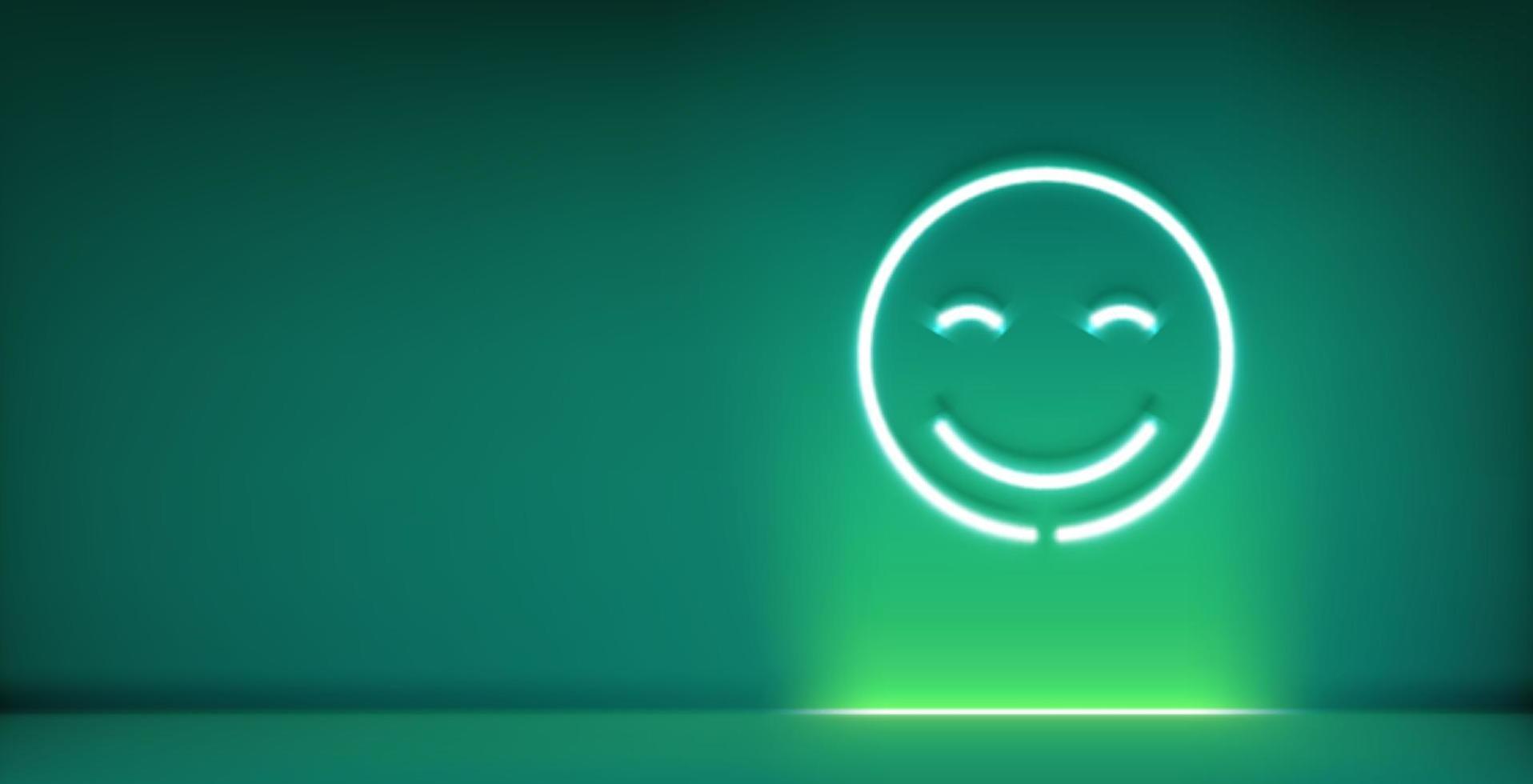 Neon glowing laughing face in dark illuminated interior. 3d style vector banner with copy space