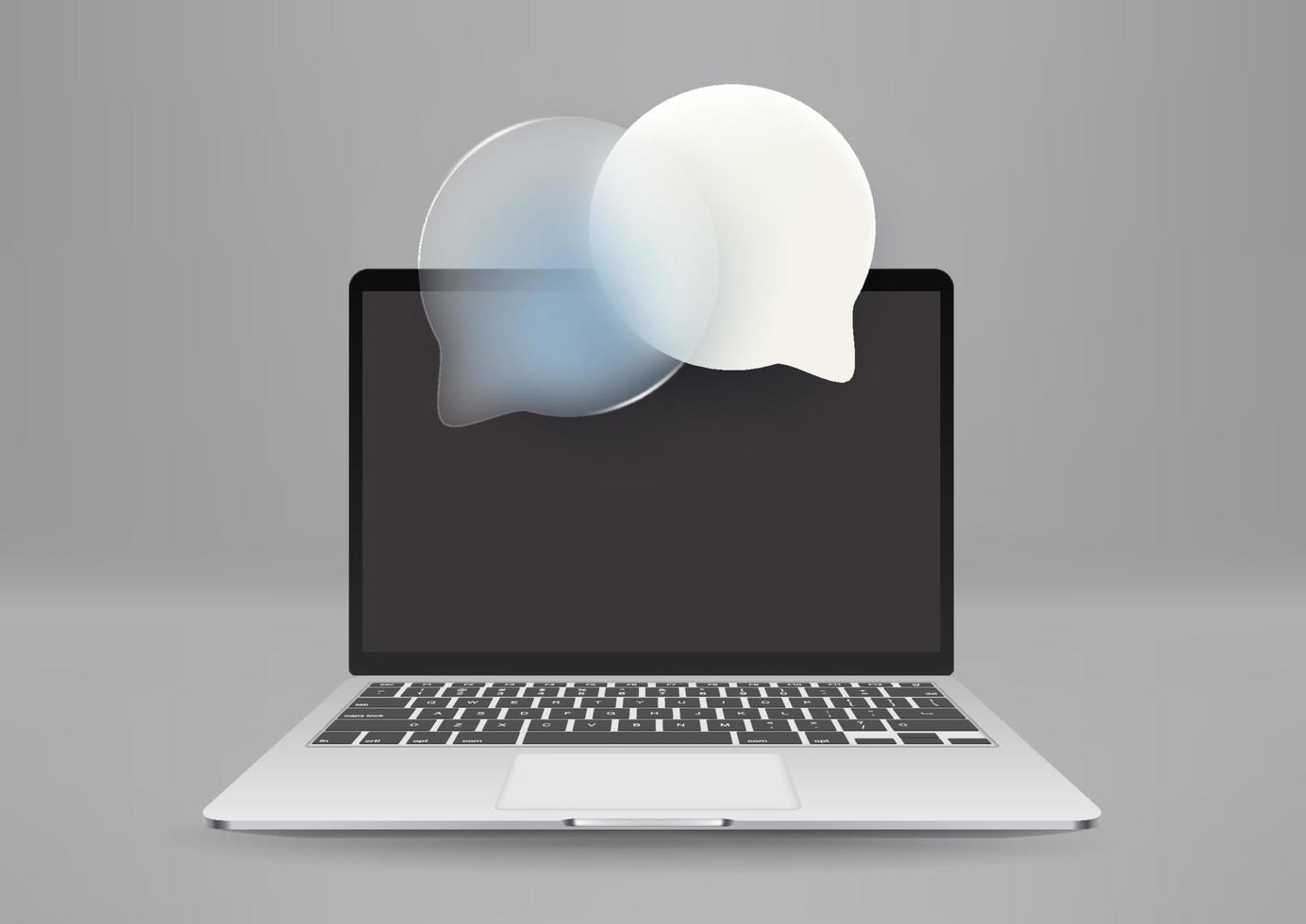 portátil blanco moderno con nubes de voz. ilustración 3d vector