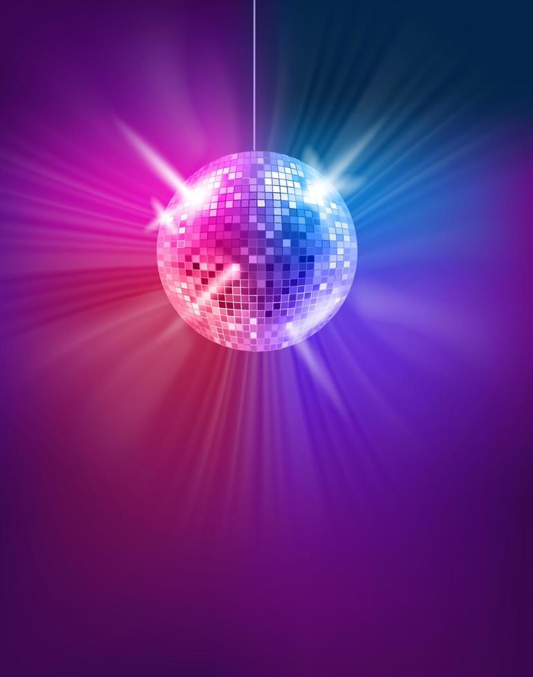 Dark room with glowing colorful disco ball. Vector 3d banner with copy space