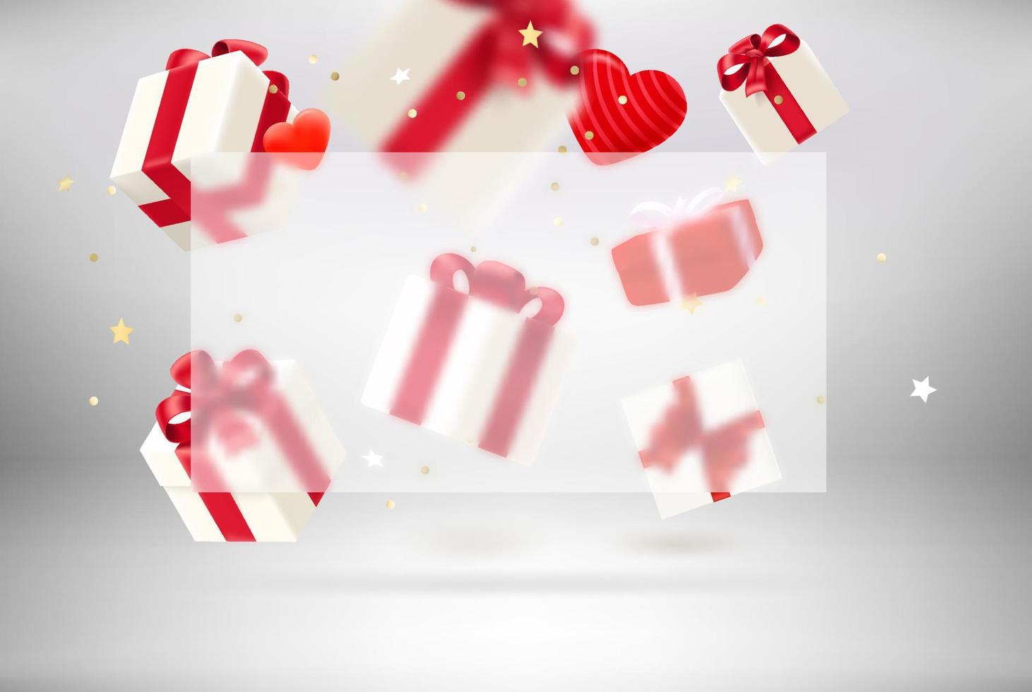 White studio with hearts and gift boxes and glass boeard with copy space. Happy Valentines Day. Vector mock up with copy space
