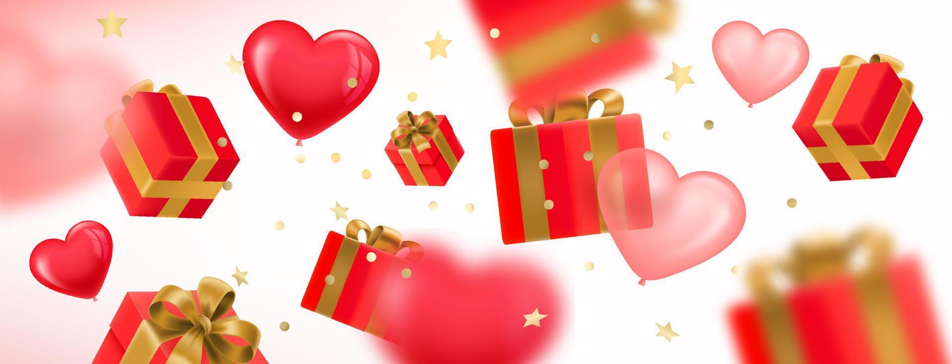 Gift boxes and hearts falling down. Happy Valentines day concept. 3d vector illustration