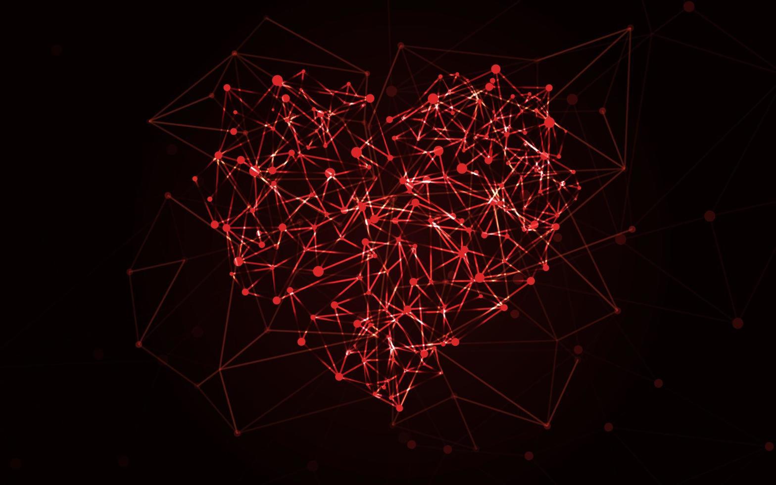 Digital red heart of plexus lines and dots. Technical futuristic Valentines card vector
