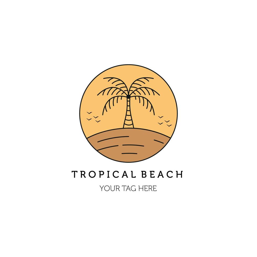 tropical beach line art emblem logo illustration vector template design