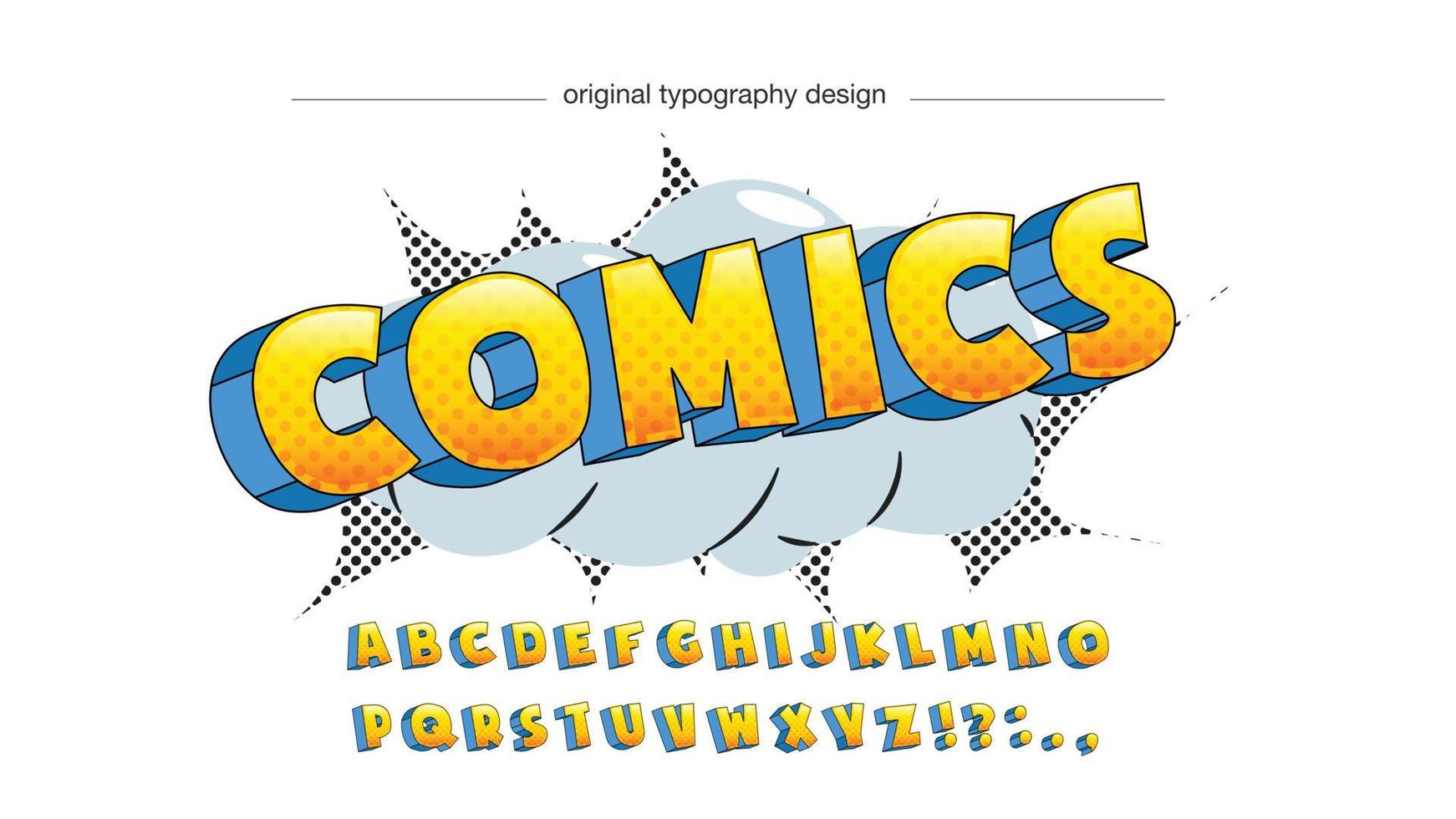 fuente de cómics de dibujos animados punteados 3d amarillo y azul vector