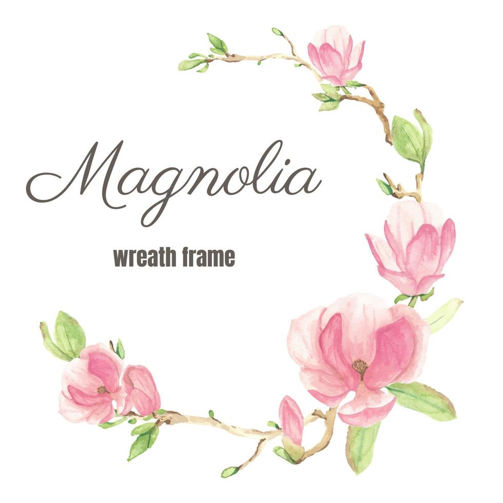 marco de corona de flor y rama de magnolia floreciente rosa acuarela vector