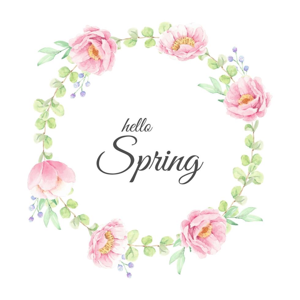 hello spring watercolor pink peony flower bouquet arrangement wreath frame for logo or banner vector