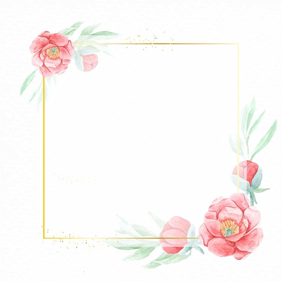 watercolor red peony flower with geometric golden frame on paper background with copy space for wedding invitation or Chinese new year vector