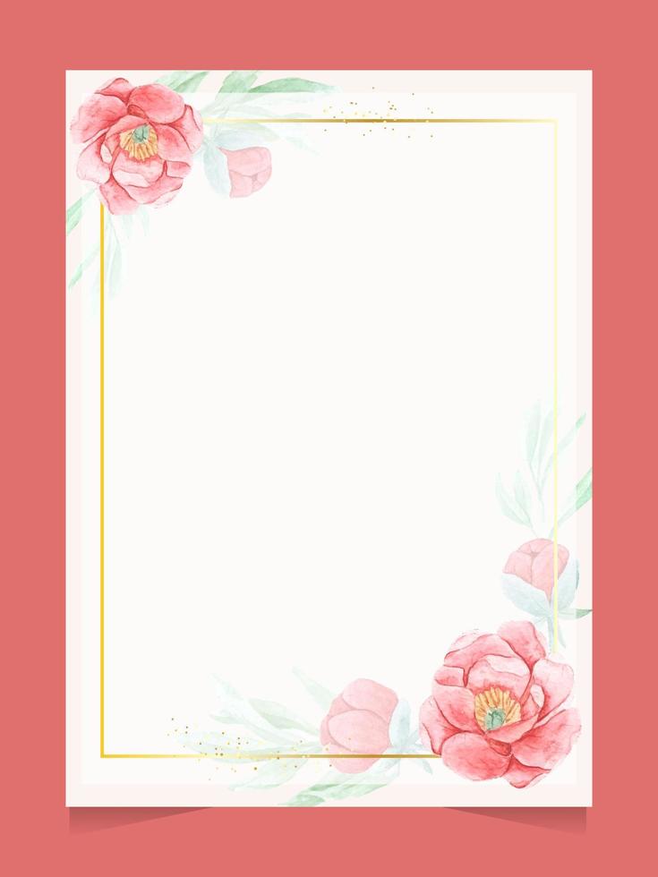 watercolor red peony with golden frame wedding invitation or Asian Chinese new year card template collection vector