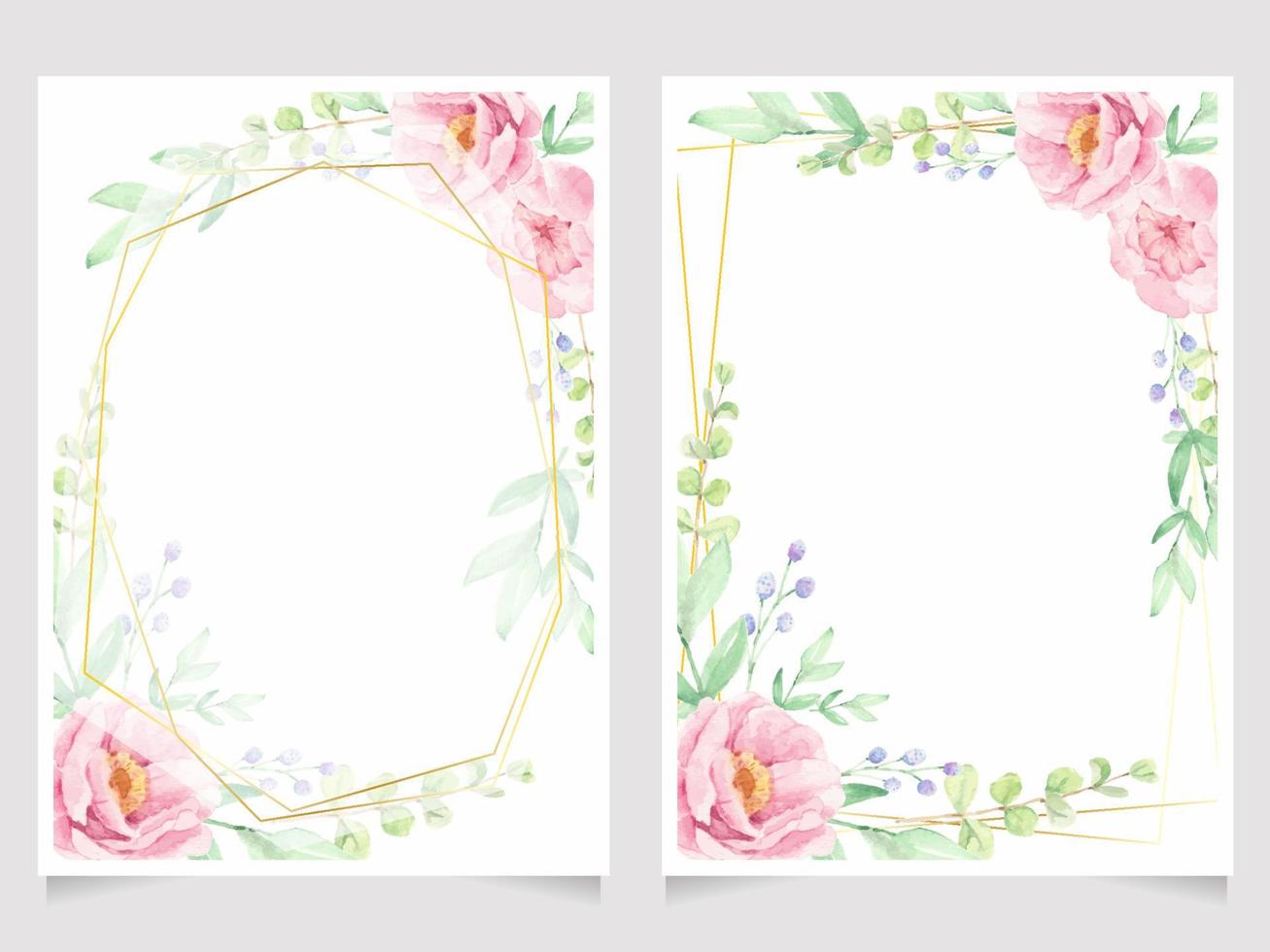 corona de ramo de flores de rosa y peonía con invitación de boda con marco dorado o colección de plantillas de tarjetas de felicitación de cumpleaños vector
