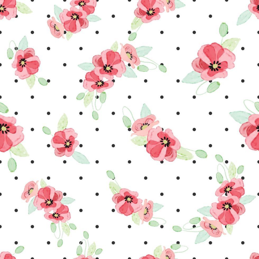 watercolor red poppy bouquet on dot background seamless pattern vector