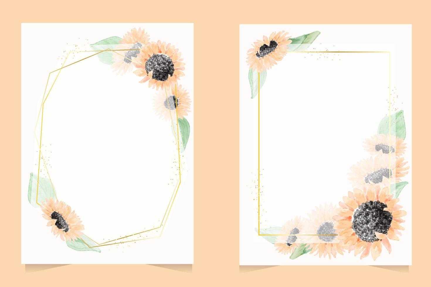 watercolor yellow sunflower wreath with golden frame wedding invitation or birthday card template collection vector