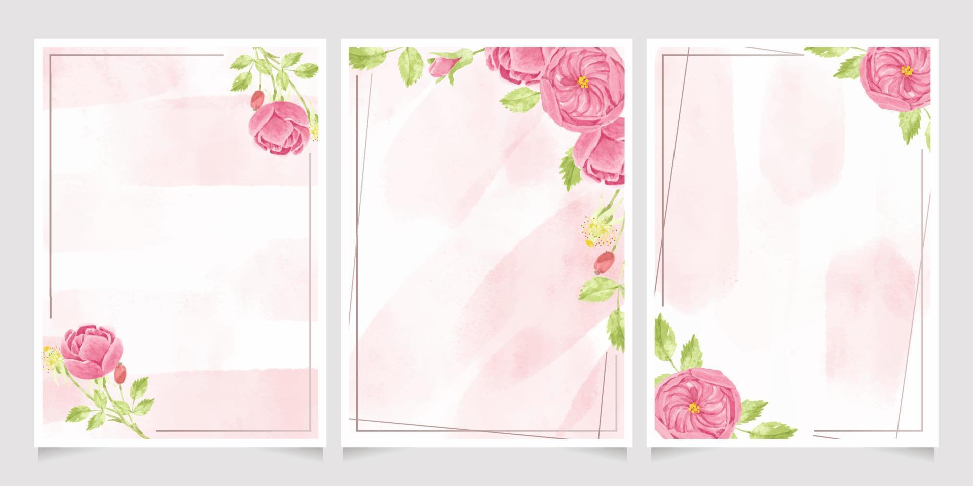 watercolor pink English rose with frame for wedding or birthday invitation card template collection vector