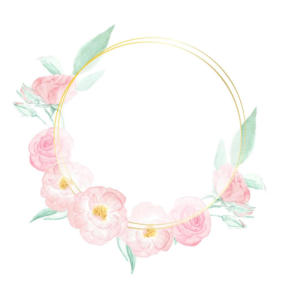 watercolor pink wild rose with golden frame wreath on pink splash background vector