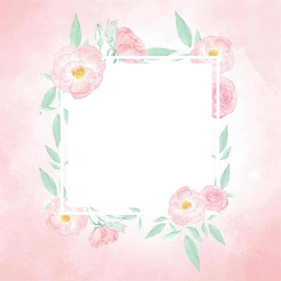 corona de rosa salvaje rosa acuarela con marco sobre fondo de salpicadura rosa vector
