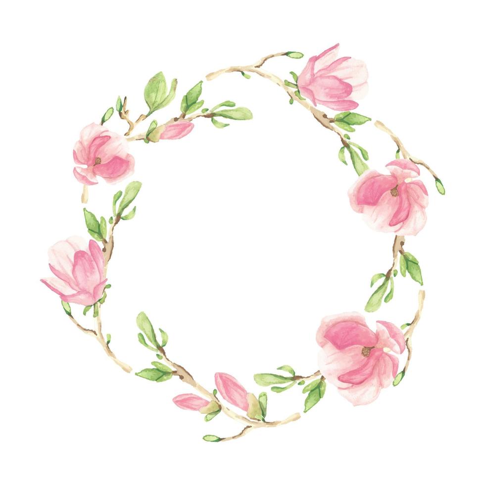 watercolor pink blooming magnolia flower and branch wreath frame vector