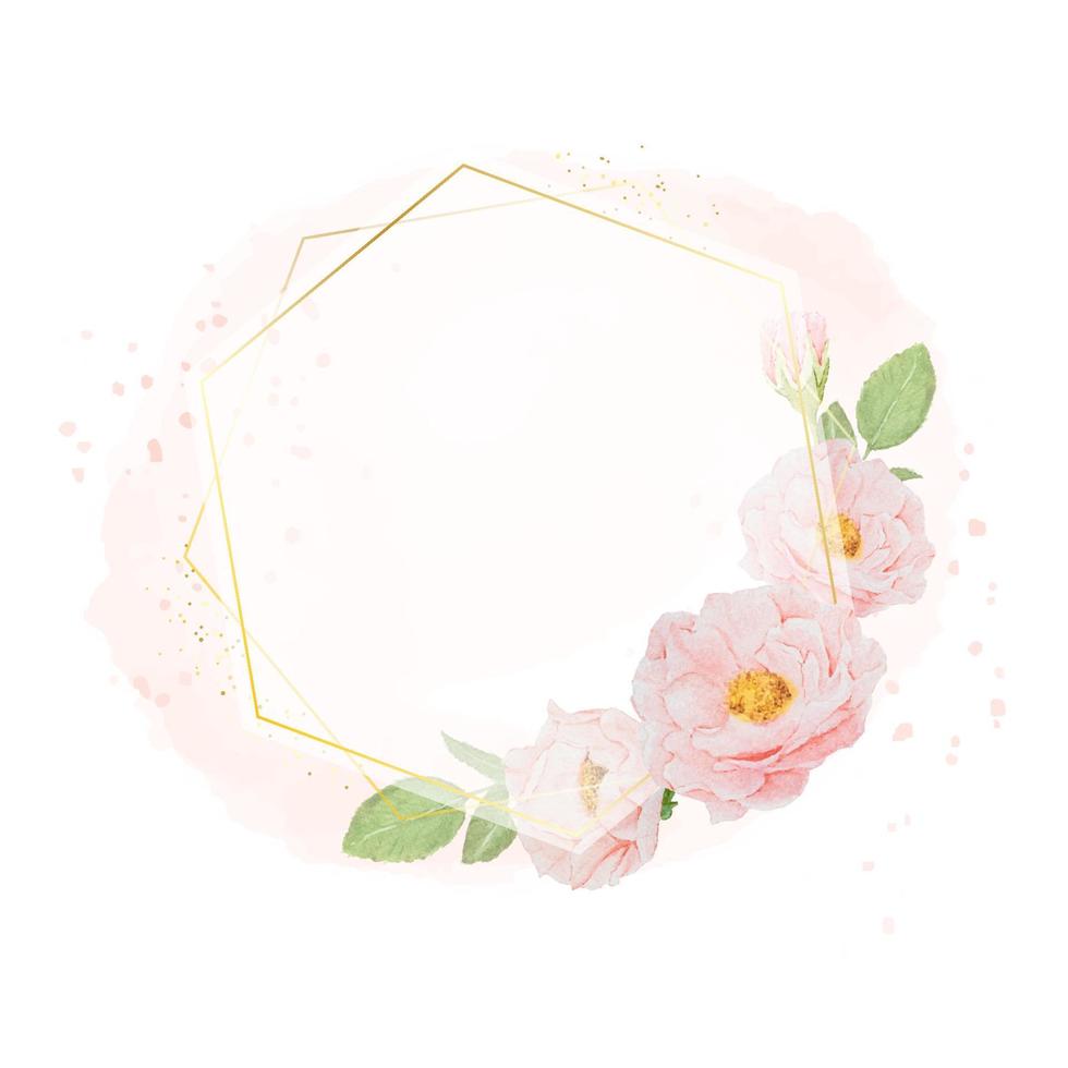 watercolor pink roses with golden wreath frame on watercolor background with copy space vector