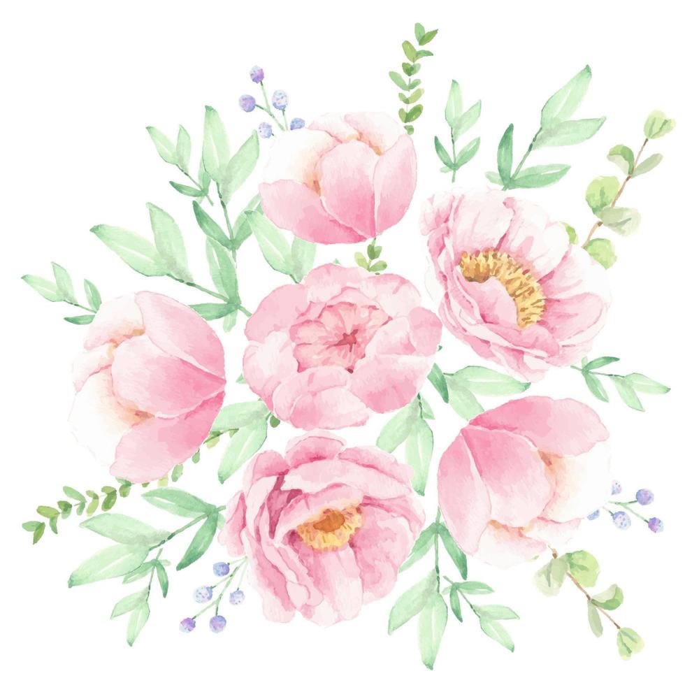 arreglo de ramo de flores de peonía rosa acuarela vector