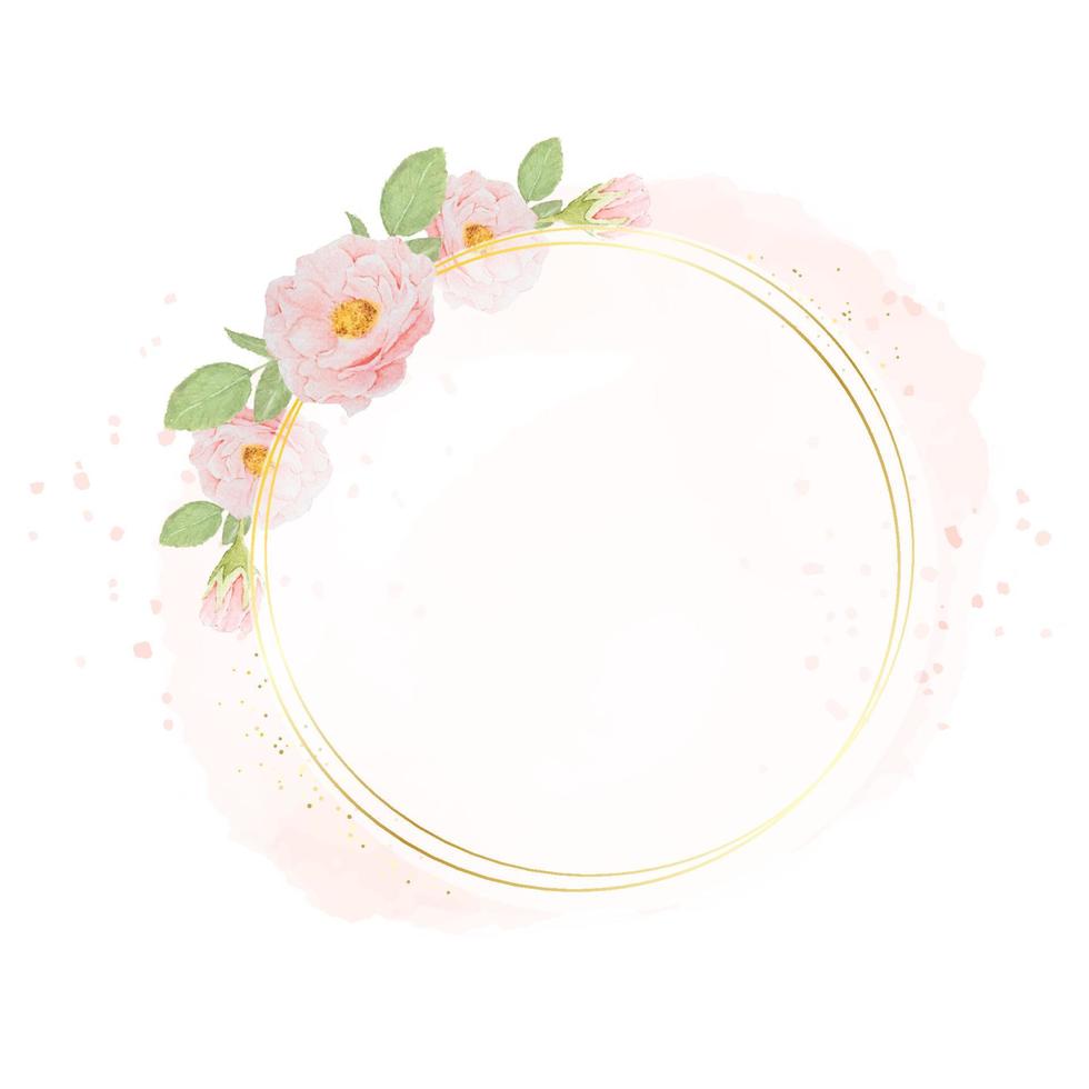 watercolor pink roses with golden wreath frame on watercolor background with copy space vector