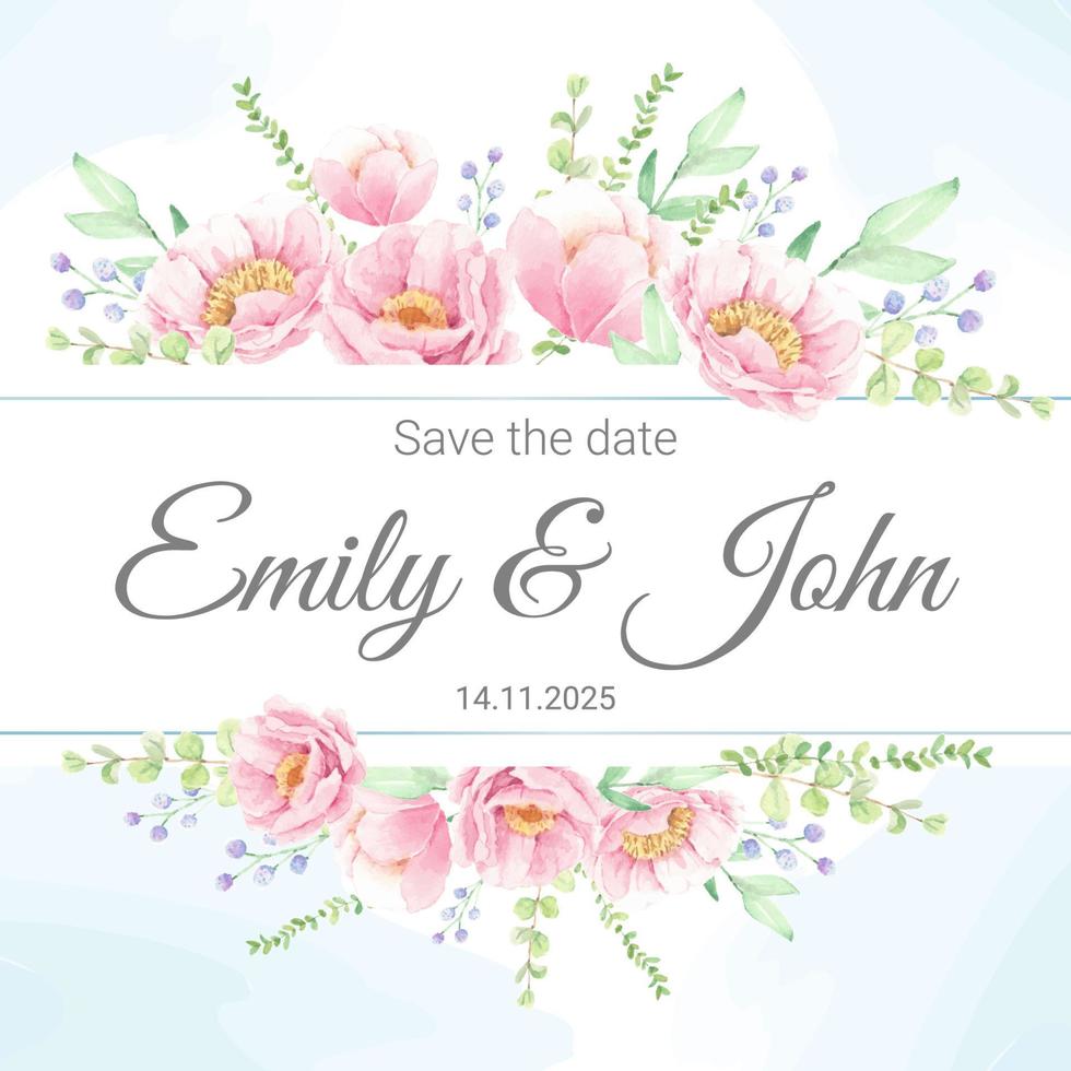 watercolor pink peony flower bouquet wreath with gold frame square wedding invitation card template vector