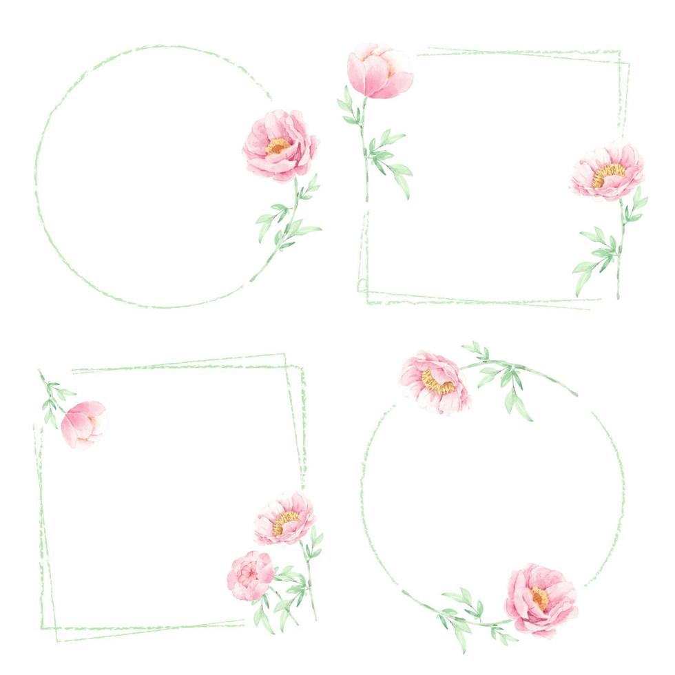 watercolor minimal pink peony flower bouquet frame collection vector