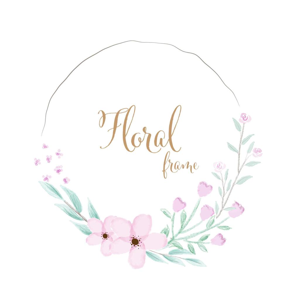 Watercolor pink flower wreath frame with golden text vector