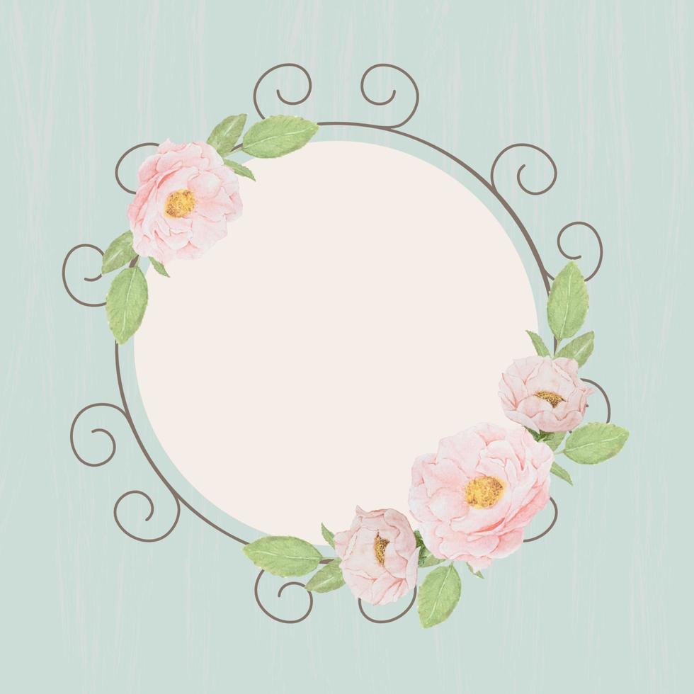 beautiful pink English roses wreath frame on blue grunge wood textured background vector