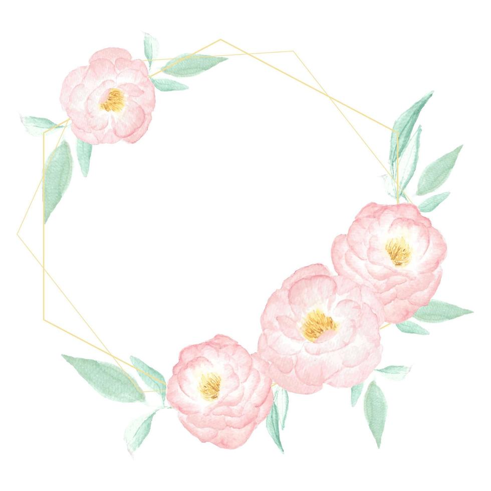 watercolor wild pink rose wreath frame with golden frame vector