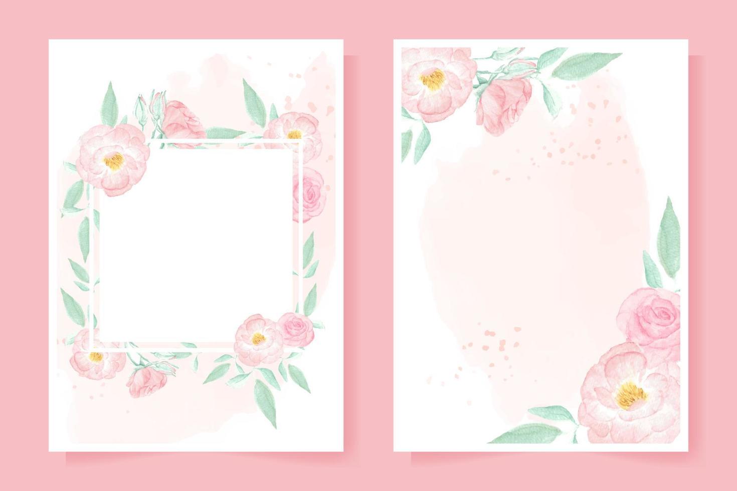 color de agua rosa rosa salvaje sobre fondo de salpicadura rosa para invitación de boda o tarjeta de cumpleaños colección de plantillas 5x7 vector