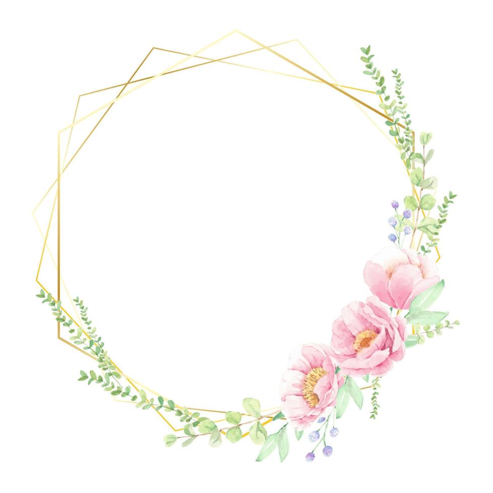 pink peony flower bouquet with golden geometric wreath frame for banner or logo vector