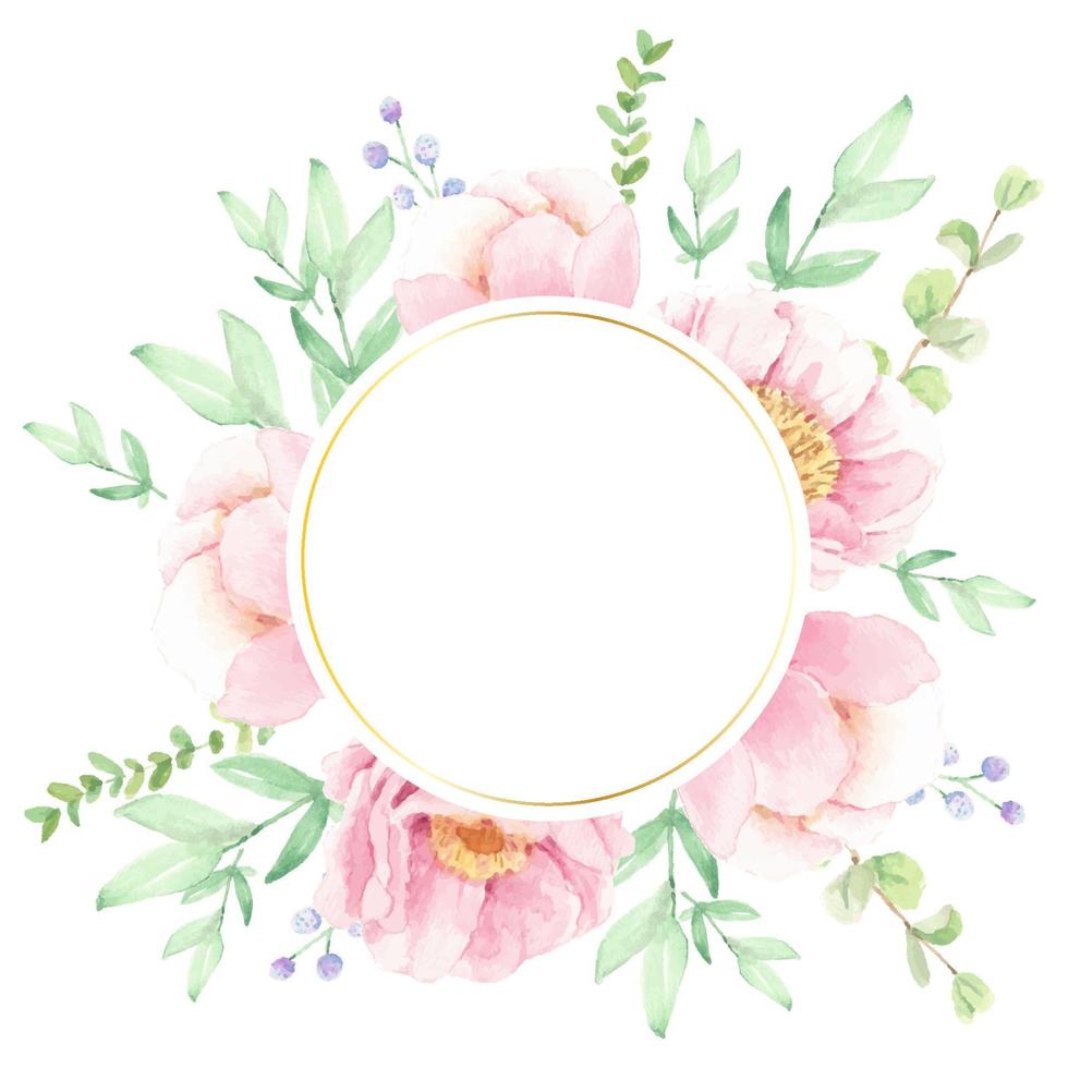watercolor pink peony flower bouquet arrangement wreath with golden circle frame for logo or banner vector