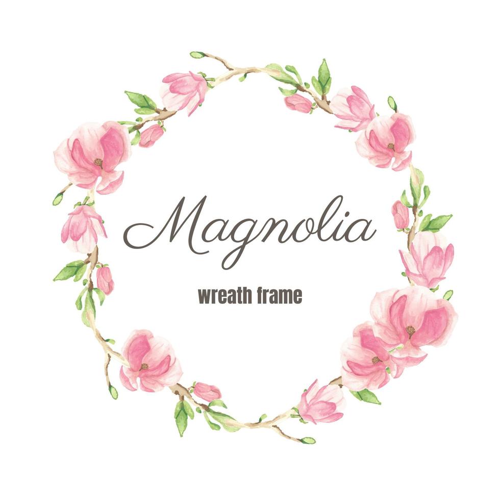 watercolor pink blooming magnolia flower and branch wreath frame vector