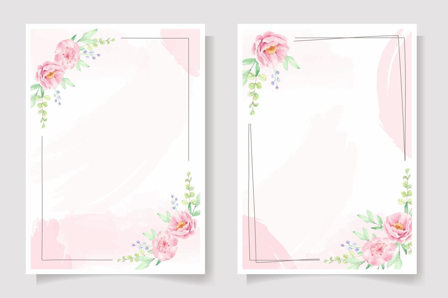 pink rose and peony flower bouquet wreath with frame on pink watercolor splash background wedding invitation or birthday greeting card template collection vector