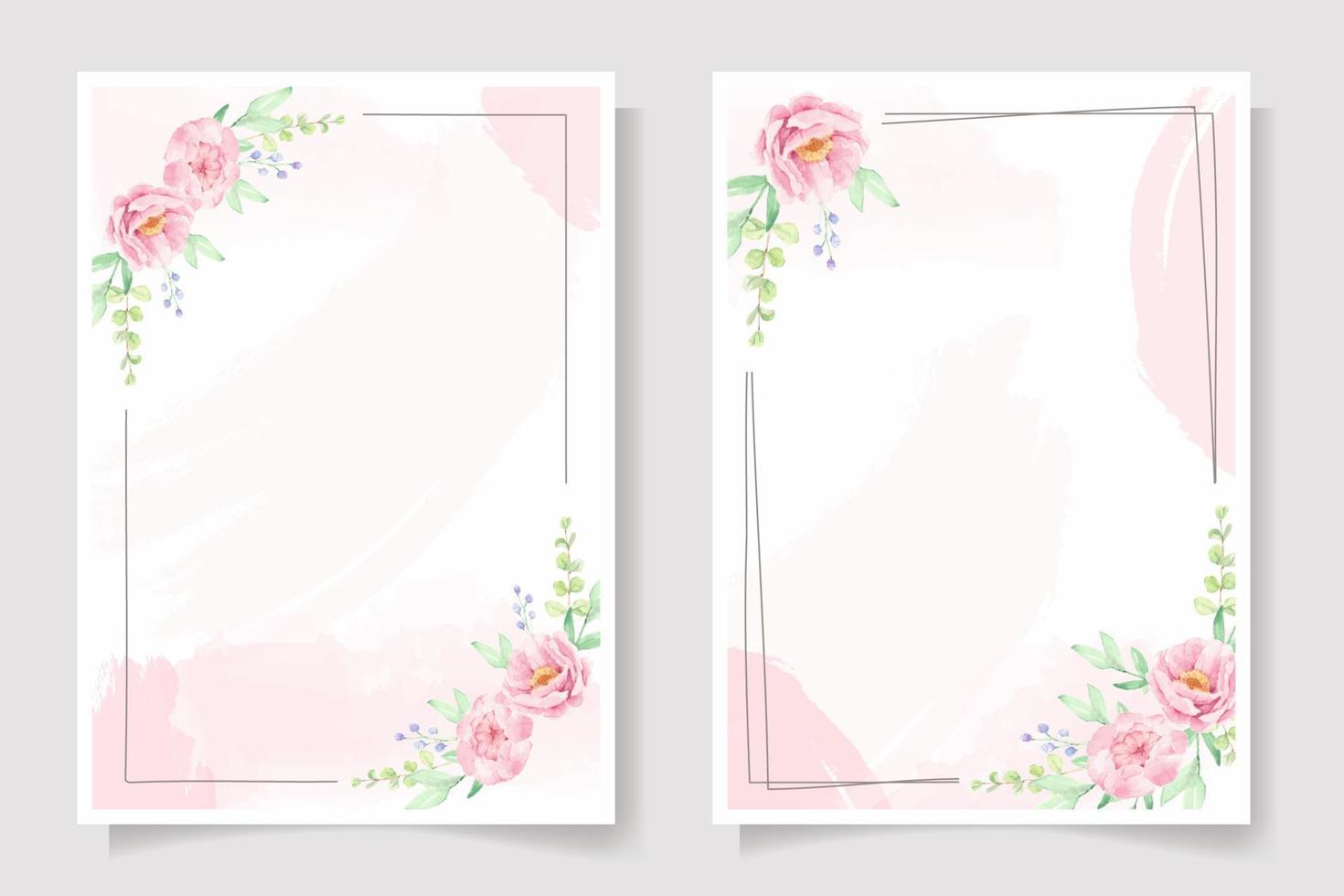 corona de ramo de flores de rosa rosa y peonía con marco sobre fondo de salpicadura de acuarela rosa invitación de boda o colección de plantillas de tarjetas de felicitación de cumpleaños vector